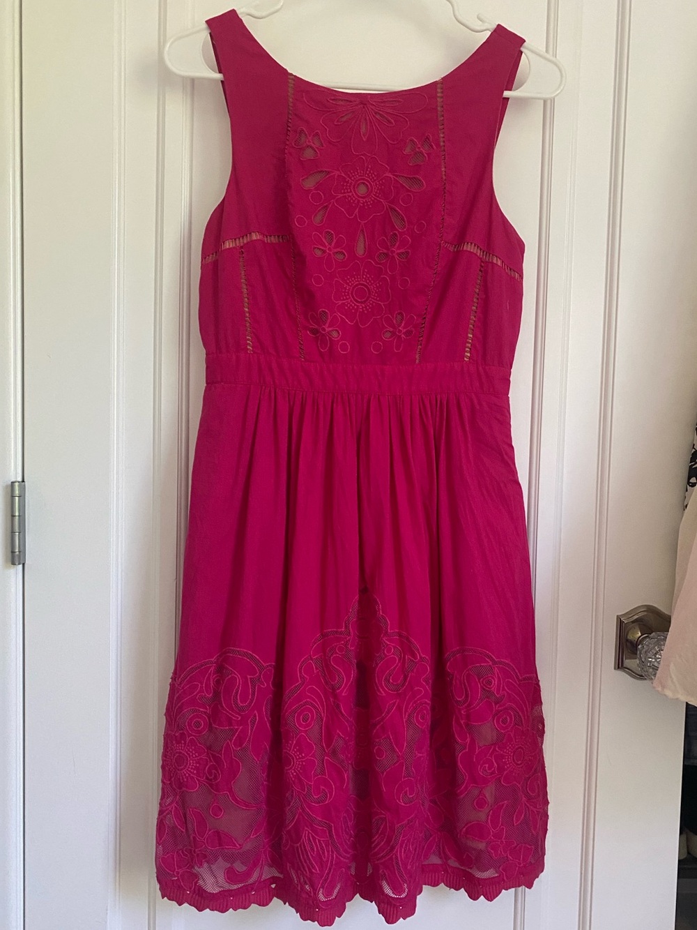 Anthropologie: Fuchsia Sleeveless Eyelet Knee-Length Dress